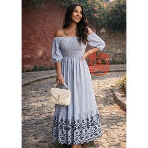 ZARA Balloon Sleeve Smocked Maxi Dress Blue White Eyelet Hem NWT